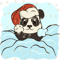 Cute panda bear character sits in snowdrift, vector image in minimal cartoon style. Panda on winter vacation. Snowball game. Lovely animal design for children. Bearcat looks out of snow. Panda in snow