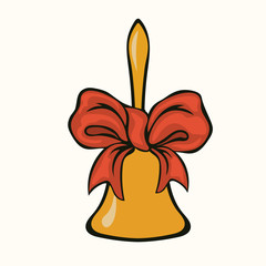School bell or Christmas hand bell, red bow vector image in minimal design isolated. Merry Christmas and Happy New Year design in traditional style. Golden Christmas bell with red ribbon. Jingle bells