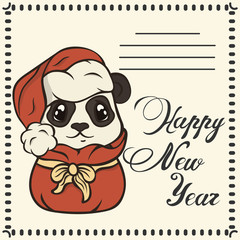 Christmas post card with cute panda in Santa's hat in red bag with gifts and congratulation Happy New Year. Cartoon bearcat gets out of Santa Claus's sack. Children's Xmas design. Make a wish, post ca