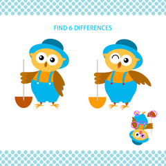 Find differences kids educational game. Cartoon owl farmer in  hat holding shovel
