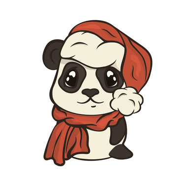 Cute Christmas cartoon panda bear character in Santa's hat with pompon and scarf vector image isolated. Funny bearcat Children's Xmas design. Merry Christmas and Happy New Year Greeting card image.