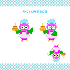 Find differences kids educational game. Cartoon owl-cook with cake