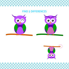 Fototapeta premium Find differences kids educational game. Cartoon cute owl on branch
