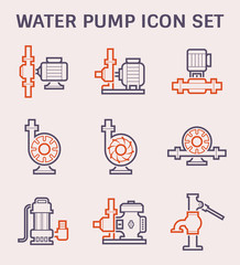 Water pump icon i.e. centrifugal, rotary, slurry and well. Powered by electric motor, engine and hand. For produce flow and pressure to distribution, transport, supply, drainage and control of water.