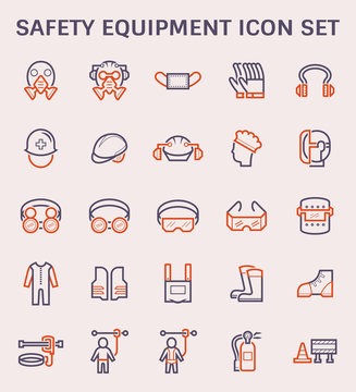 Safety equipment icon or personal protective equipment (PPE) in construction work. Consist of respirator, glove, hard hat, mask, vest, boot and harness etc. For protect worker from injury or infection