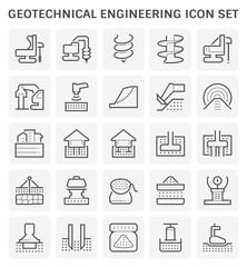 Geotechnical engineering, geotechnics and geology vector icon with machine equipment i.e. earth auger drill core bit, rig. Include survey, soil sample, laboratory test analysis for road, foundation.