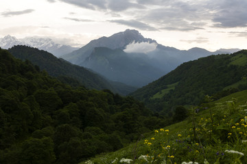 Fototapeta premium Mountain landscape, green peaks and clouds.