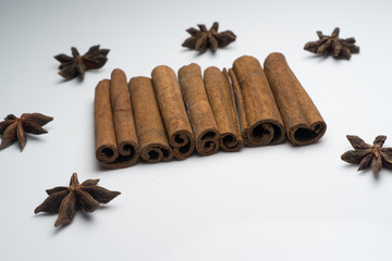 Cinnamon and Anise on white background isolated