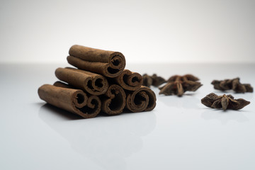 Cinnamon and Anise on white background isolated