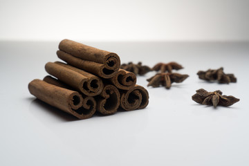 Cinnamon and Anise on white background isolated