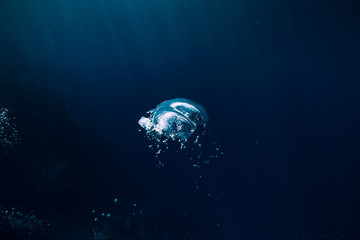 Underwater in ocean. Bubble in water. 