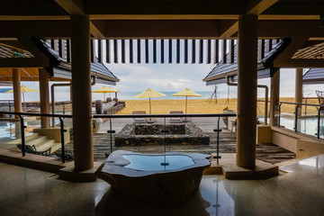 A beach view from a resorts