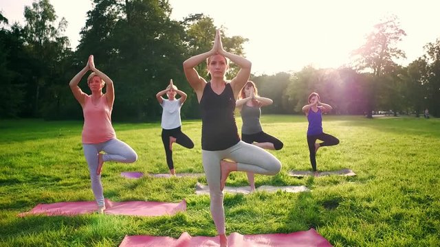 Mixed age group of people practicing yoga outside in the park while sunset