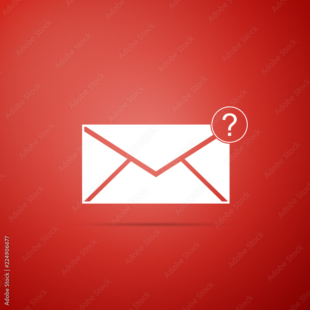 Poster envelope with question mark icon isolated on red background. letter with question mark symbol. send 