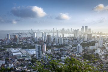 Skyline of downtown Cartagena city showing modern apartment blocks in the Bocagrande neighbourhood, Cartagena, Colombia