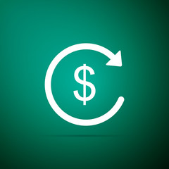 Refund money icon isolated on green background. Financial services, cash back concept, money refund, return on investment, savings account, currency exchange. Flat design. Vector Illustration
