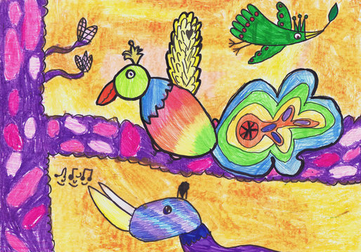 Birds of paradise sing songs. Children's drawing