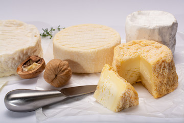 Fototapeta na wymiar French AOC soft cow cheeses, crumbly Langres with washed rind structure, sharp Pie Angloys, camembert with strong taste and brie served as dessert after dinner