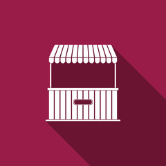 Street stall with awning and wooden rack icon isolated with long shadow. Kiosk with wooden rack. Flat design. Vector Illustration