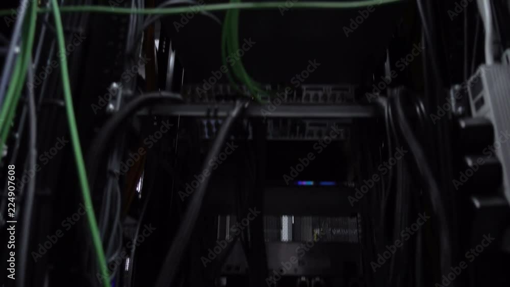 Poster сomputers, data center. bottom view, moving camera. ethernet network connection hub. blinking lights