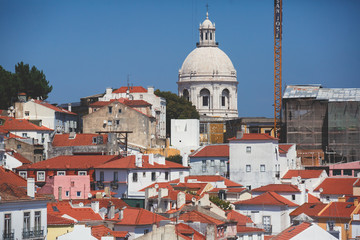Obraz premium Beautiful super-wide angle aerial panoramic view of Lisbon, Portugal, with Alfama district and historical old town, seen from the observation deck belvedere