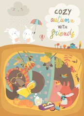 Cute animals reading book in den. Hello autumn