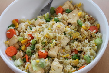 Homemade fried rice with vegetables and tofu