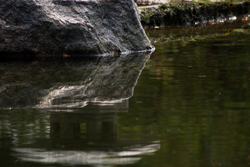 Reflection of a large stone in the surface of the water near the shore
