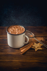 Hot chocolate in a mug. Winter drink concept