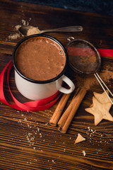 Hot chocolate in a mug with cookies. Winter drink concept. Overhead wiew