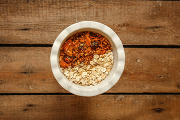 oat flakes (granola). Oatmeal. food background. top view and copy space