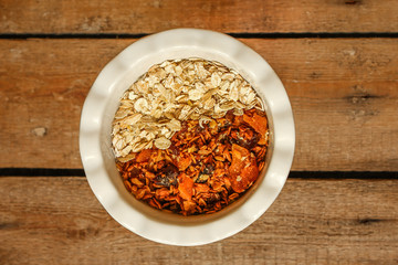 oat flakes (granola). Oatmeal. food background. top view and copy space