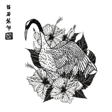 Naklejki Red-crowned crane with hibiscus tattoo by hand drawing.Beautiful bird on white background.Grus japonensis art highly detailed in line art style.Chinese bird for tattoo or wallpaper.