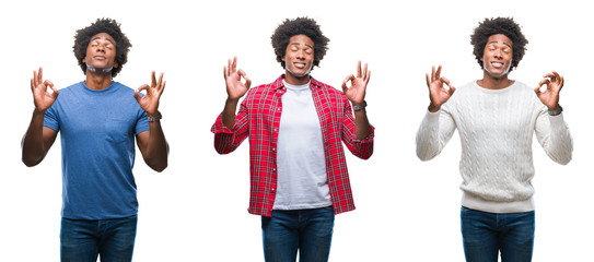 Collage of african american young handsome man over isolated background relax and smiling with eyes closed doing meditation gesture with fingers. Yoga concept.