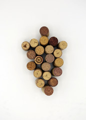 Wine corks grouped in the shape of a grape. Grape shape corks.Room for text, copy space for text.Top view. Flat lay.