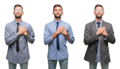 Collage of young business hispanic man over isolated background smiling with hands on chest with closed eyes and grateful gesture on face. Health concept.
