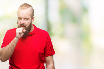 Young caucasian hipster man wearing red shirt over isolated background feeling unwell and coughing...