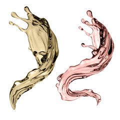 3d render, digital illustration, abstract champagne wave, dynamic shape, liquid splashing set, design elements isolated on white background