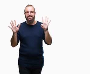 Fototapeta premium Young caucasian hipster man wearing sunglasses over isolated background showing and pointing up with fingers number nine while smiling confident and happy.