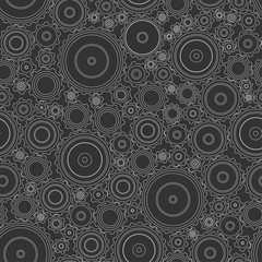 Seamless pattern of gears of different sizes. Outline of mechanisms. Complex background