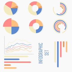 A set of simple infographics on a light background. Pie charts, sectors, graphs. Business infographics. 9 elements.