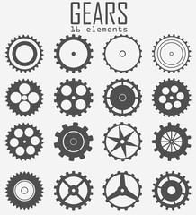 A set of different gears. 16 items. Mechanisms