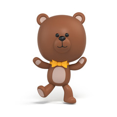 Obraz na płótnie Canvas 3d render, cute little chocolate teddy bear dancing, cartoon character design, toy clip art isolated on white, digital illustration