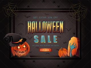 Halloween Sale vector illustration with lettering and pumpkin wi
