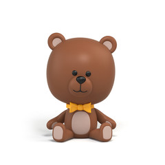 3d render, cute little chocolate teddy bear sitting, cartoon character design, toy clip art isolated on white, digital illustration
