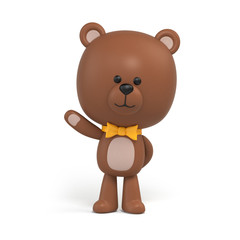 Obraz na płótnie Canvas 3d render, cute little chocolate teddy bear, cartoon character design, weaving hand, toy clip art isolated on white, digital illustration