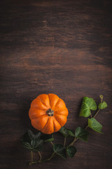 Pumpkins and leaves over wooden background copy space. Template fall harvest thanksgiving halloween...