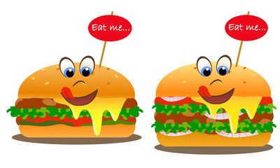 Smiling campers with eyes and slogan: Eat me. Salad, onions, tomatoes