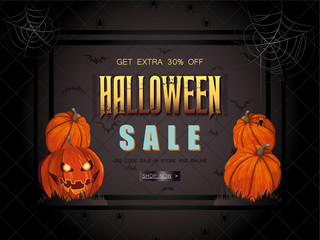 Halloween Sale vector illustration with lettering and detailed b