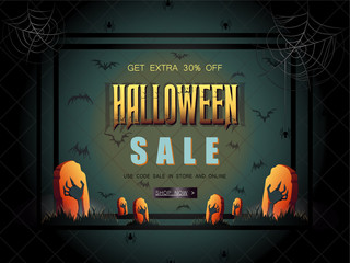halloween Sale vector illustration with lettering and zombie han